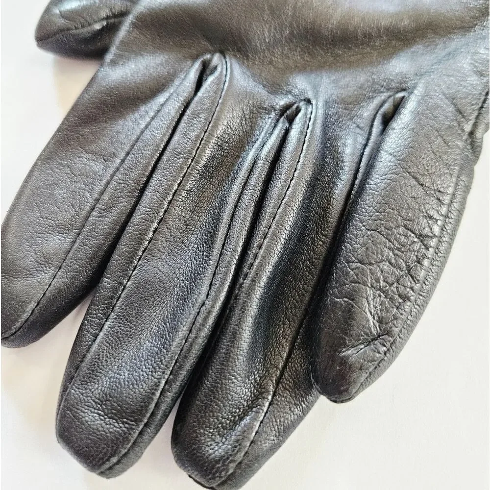 Vintage Isotoner Aris Soft Black Leather Red Detail Stitch Driving Gloves Size 8